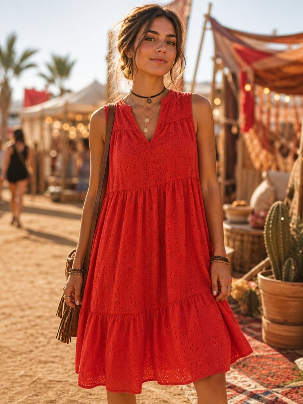 Vanessa Zani Red Eyelet Cotton Dress XS Italy Oversized Midi Coral Lined Resort